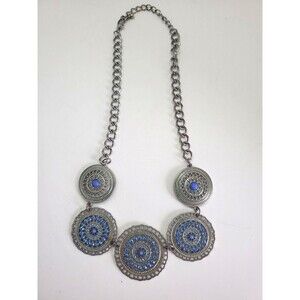 Statement Necklace Medallion Blue Rhinestone Boho  Adjustable Silver Tone